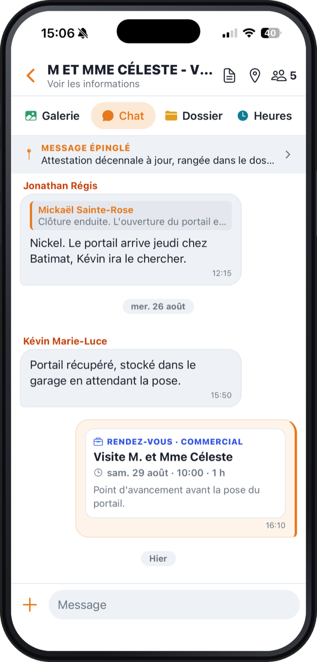 Le fil d'un chantier dans Cordée : message épinglé, réponse citée et rendez-vous au milieu des échanges