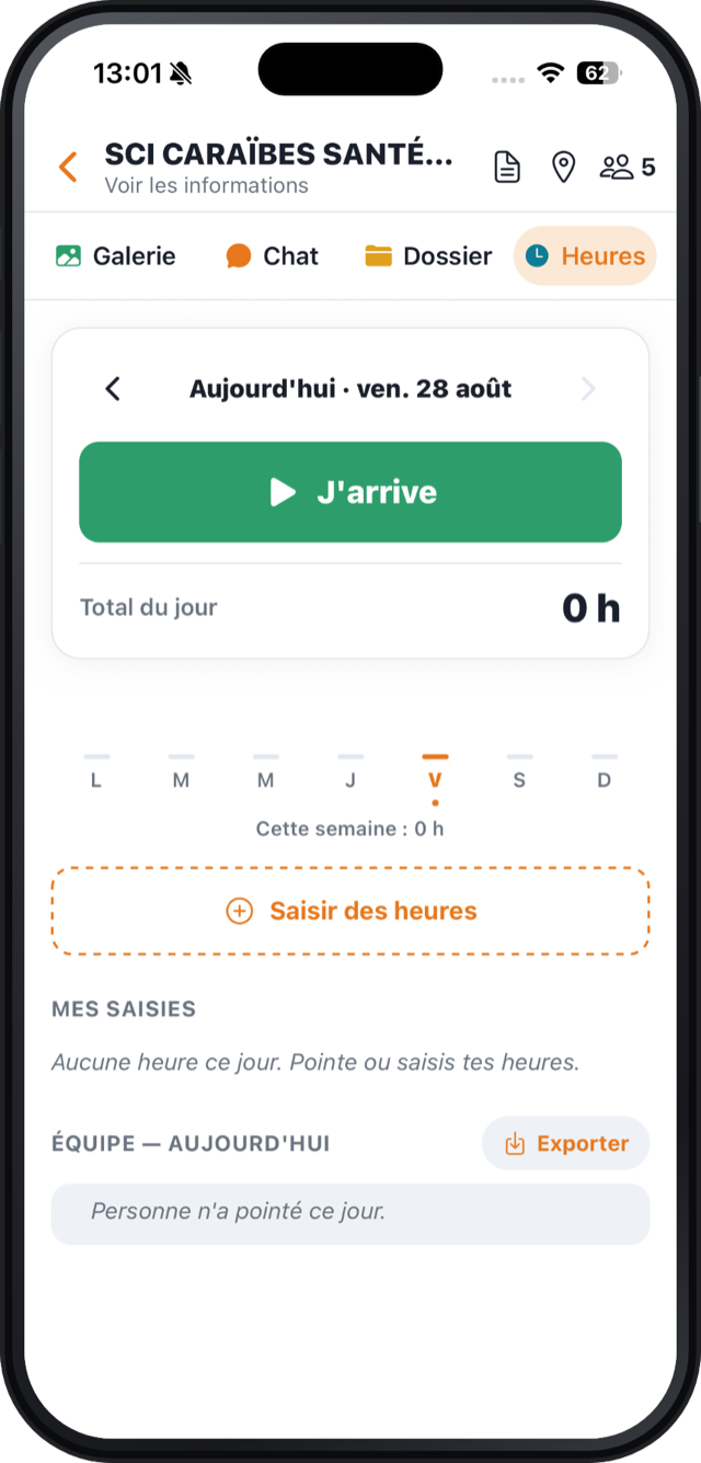 La pointeuse Cordée : bouton J'arrive, total du jour, saisie des heures et export