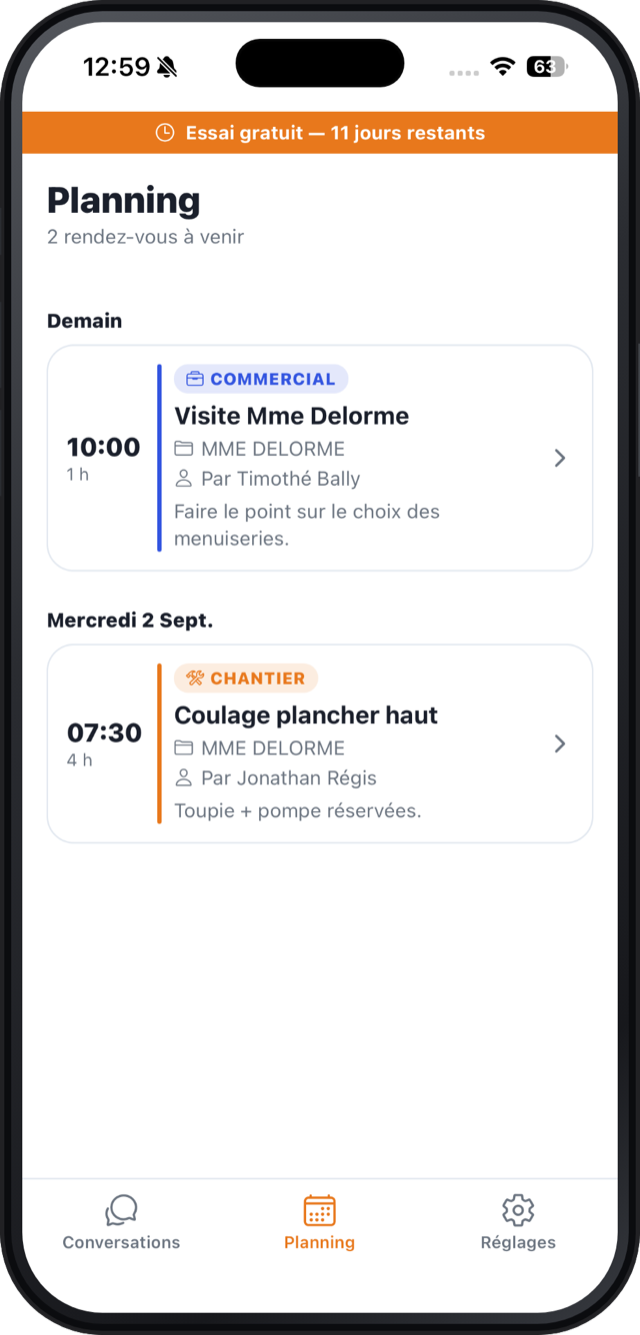 Le planning Cordée : rendez-vous commercial et coulage planifiés sur les chantiers